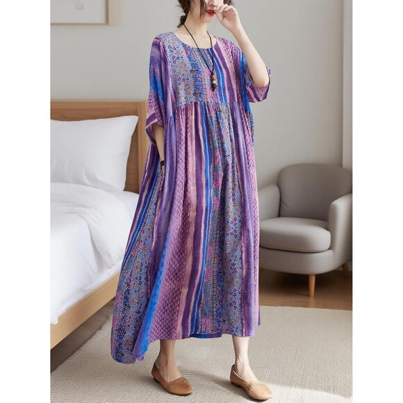 Women Summer Dress Plus Size Boho Floral Loose Fit with Pockets Purple - Picture 5 of 8